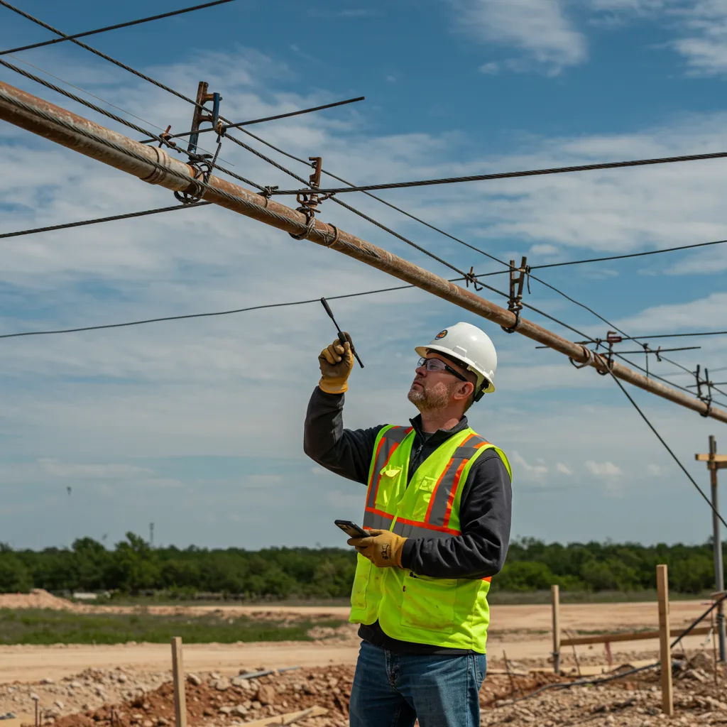 A structural engineer in a hard hat inspecting a post-tension cable system before a concrete pour in a North Texas residential subdivision.