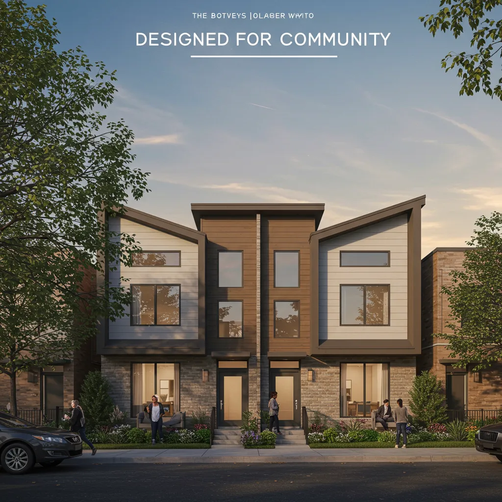 An architectural rendering of a modern "Missing Middle" housing development in Dallas featuring a duplex with integrated accessory dwelling units (ADUs).