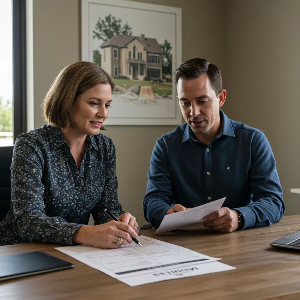 A Realtor and a homebuyer reviewing a complex new construction sales contract at a model home office in Frisco, Texas.