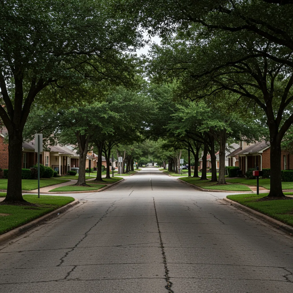 A scenic view of a quiet, tree-lined residential street in Bedford, Texas, showcasing the established charm and suburban quality of life in the Mid-Cities.