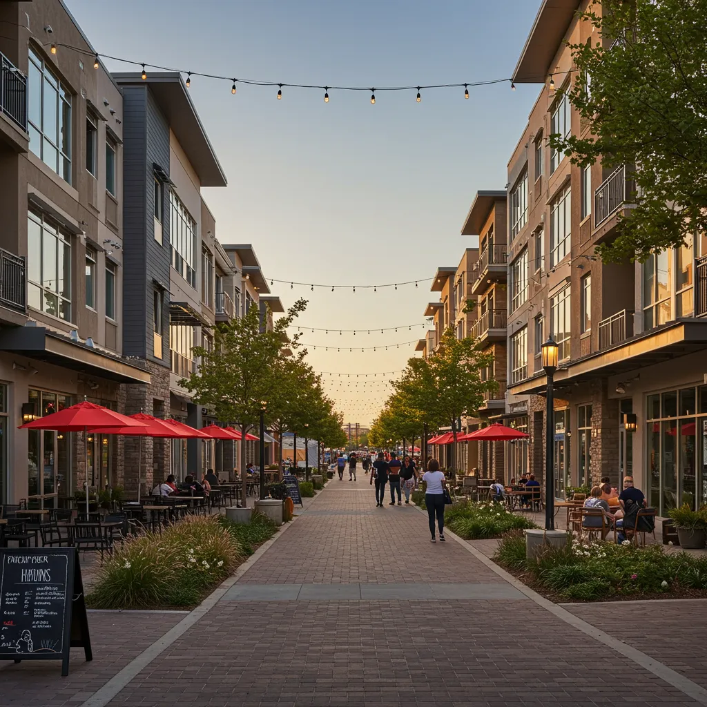 A vibrant, pedestrian-only street in a DFW suburban mixed-use development featuring outdoor cafes, modern apartments, and lush green landscaping.