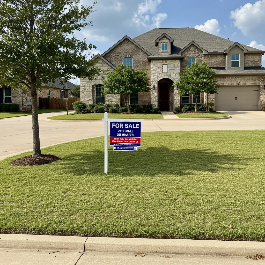 A panoramic view of a modern Dallas-Fort Worth suburban neighborhood with a "For Sale" sign in a manicured lawn, representing the stable 2026 market.