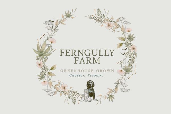 Ferngully Farm greenhouse-grown cannabis logo with floral botanical wreath