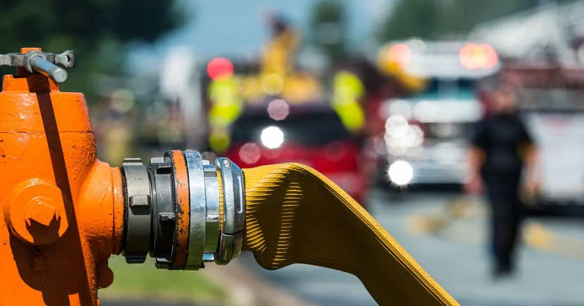 Close-up of an orange fire hydrant connected to a yellow fire hose, with blurred emergency responders and fire trucks in the background during a daytime response scene.