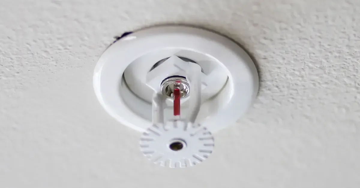 Close-up of a ceiling-mounted fire sprinkler head, an essential component of commercial fire protection systems designed to control fires and limit damage until firefighters arrive.