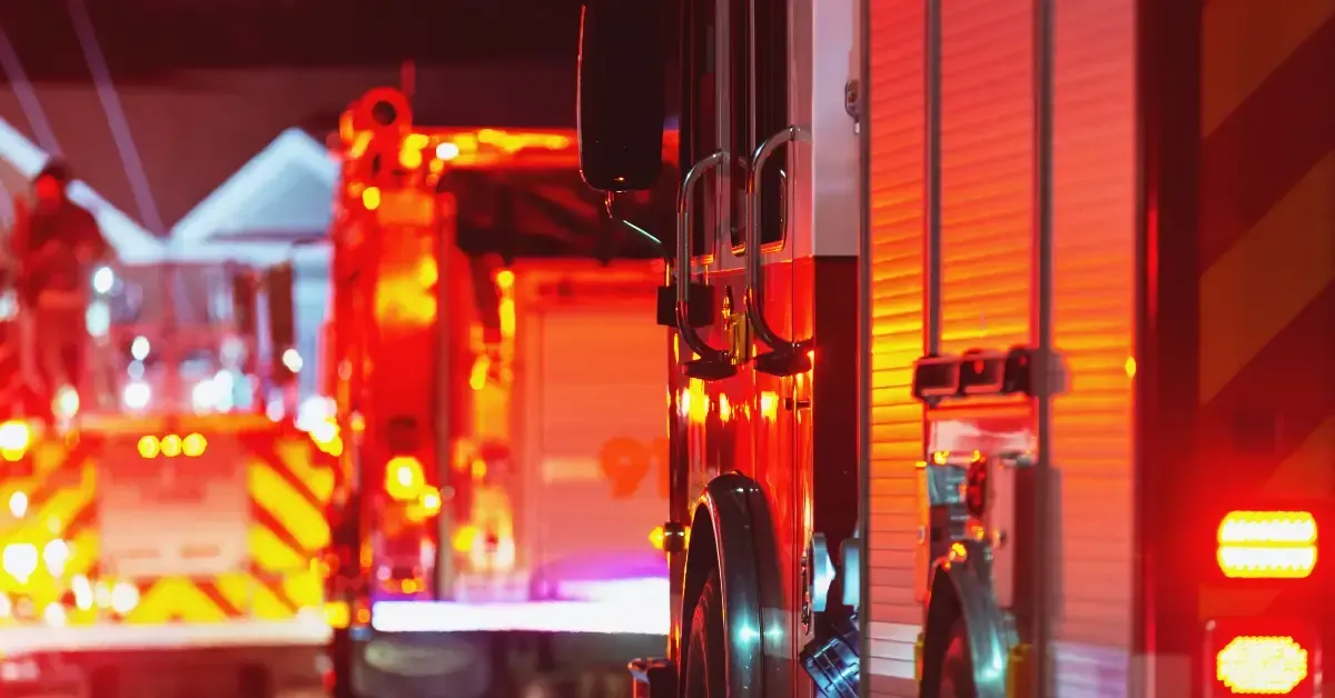 Fire engines with flashing emergency lights at a nighttime response scene, illustrating local fire department capabilities and emergency response readiness.