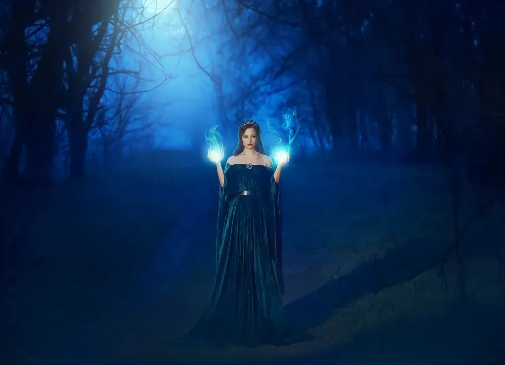 A woman is standing in a dark forest at night, blue lights are coming from her palms