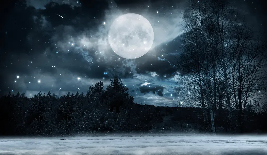 A large full moon is over a darkened snowy forest
