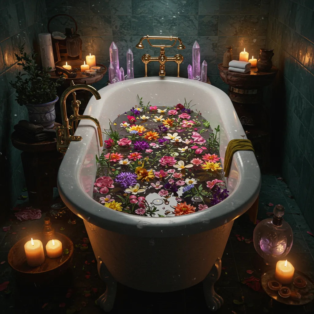 AI image of bathtub with flowers, candles and crystals
