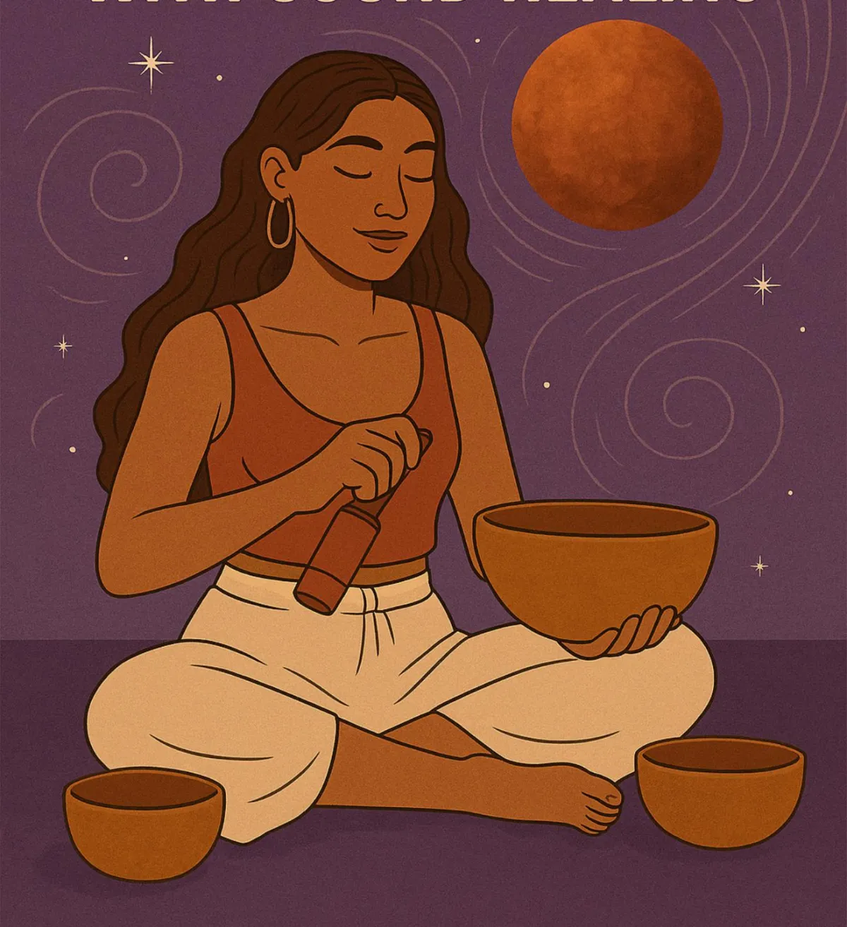 cartoon of woman playing singing bowls