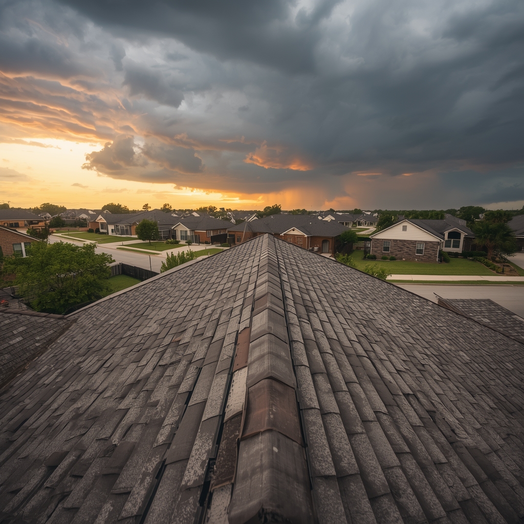 Residential asphalt shingle roof in Texas showing weather exposure under storm clouds, highlighting signs homeowners should watch before roof replacement.