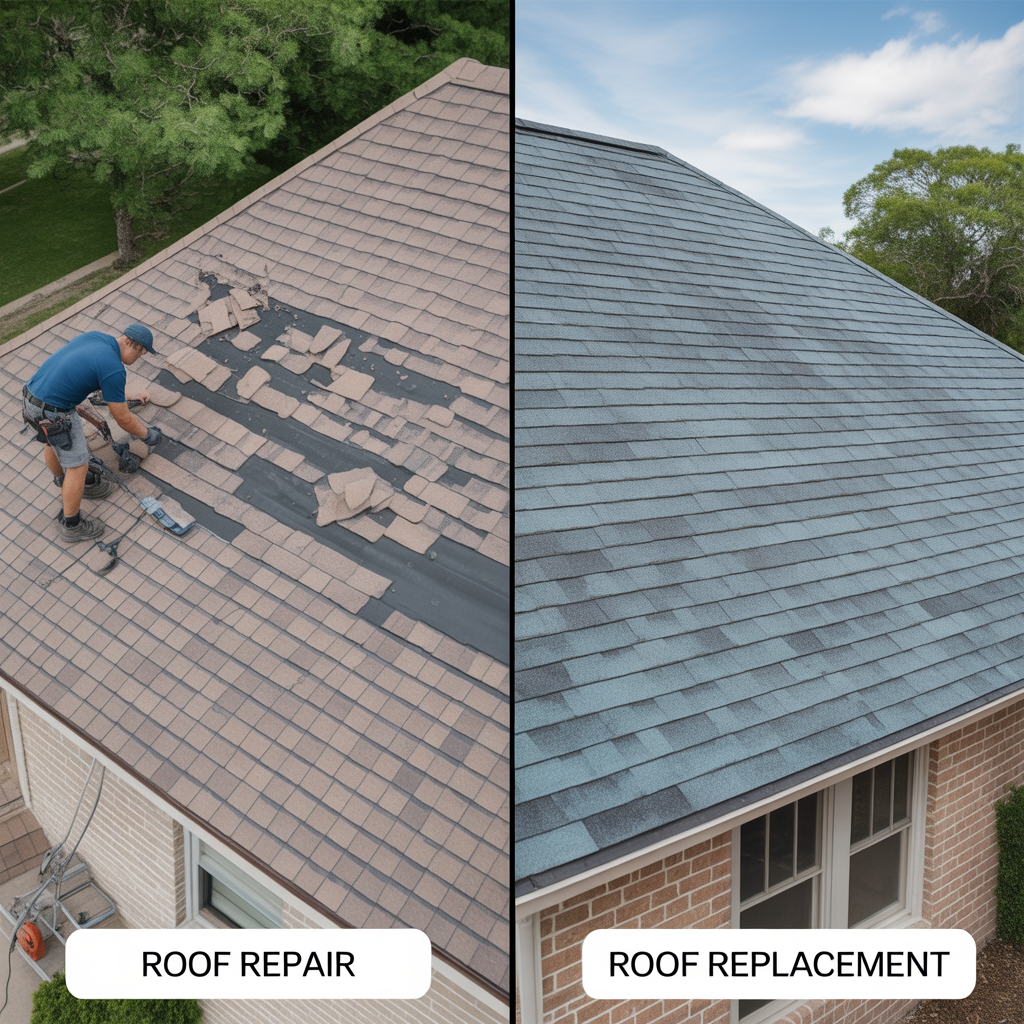 Split image showing roof repair versus roof replacement on a Texas home, comparing damaged shingles and a new asphalt shingle roof