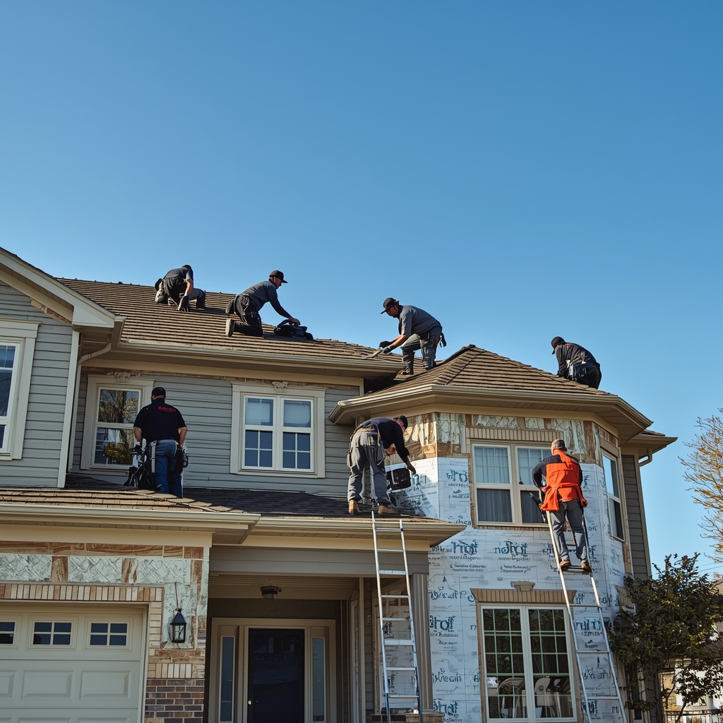 Roofing and construction crew working together on a residential home renovation in Waco, Texas