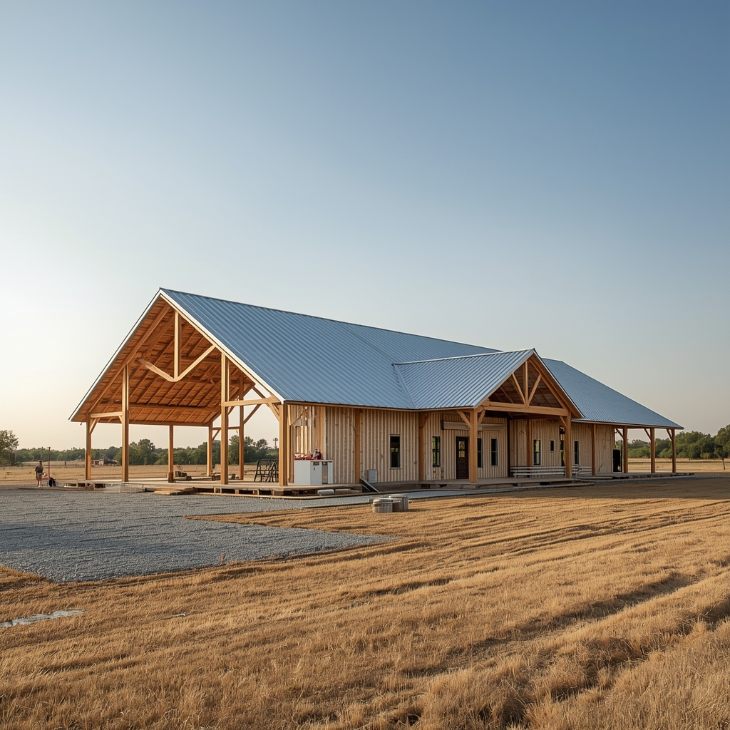 Large barndominium under construction in Central Texas by Flores Roofing and Construction with metal roofing and timber framing