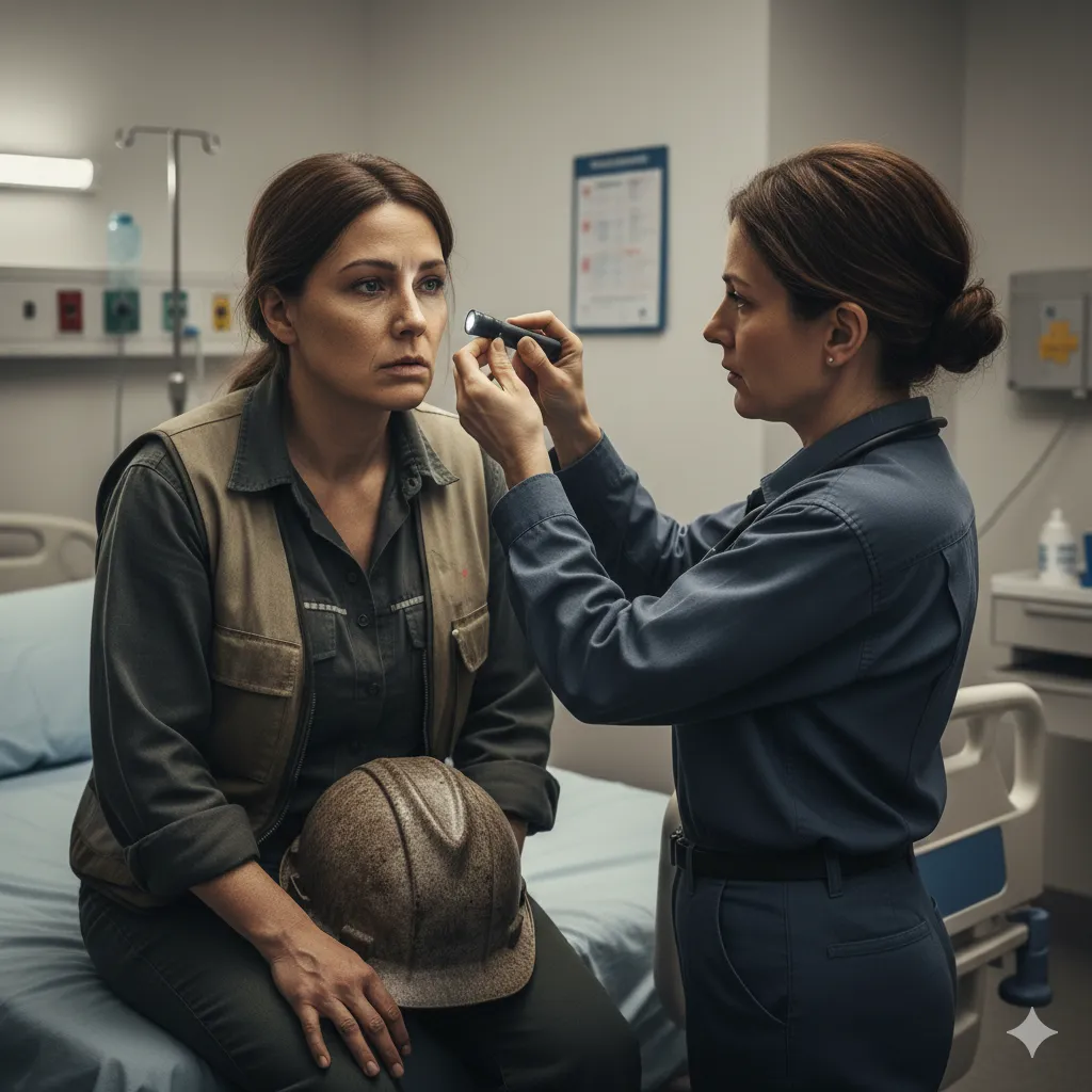 A construction worker sits on a hospital bed, holding her helmet in her lap, while a casually dressed doctor examines her eye with a penlight. The worker appears concerned, reflecting the ongoing symptoms of her head injury.