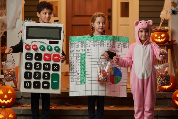 3 kids dressed in halloween accountingcostumes