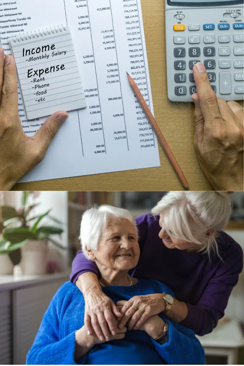 Elderly couple reviewing estate planning documents with advisor, discussing ways to protect their home and savings.