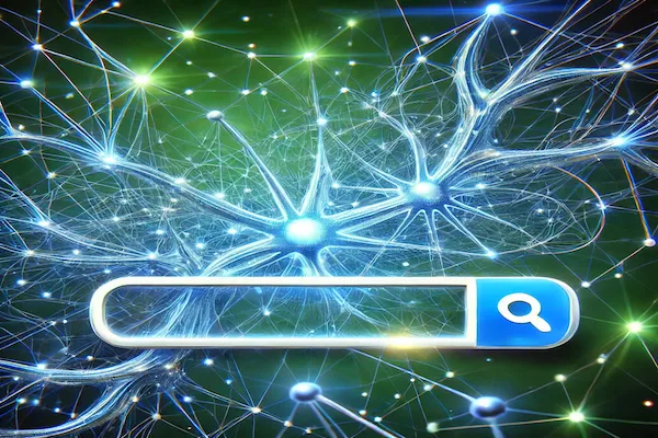 A glowing neural network connected to a search bar, symbolising AI-driven SEO strategies and optimisation."