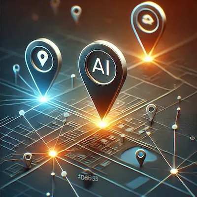 A map with glowing location pins and data lines, representing AI tools enhancing local SEO for small businesses.