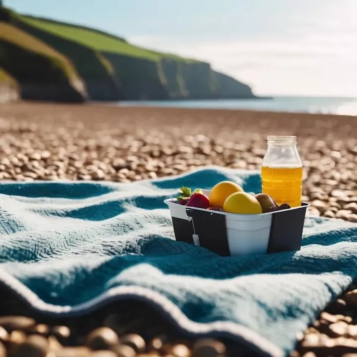 A picnic blanket on Monmouth Beach, Lyme Regos with fresh Dorset, UK