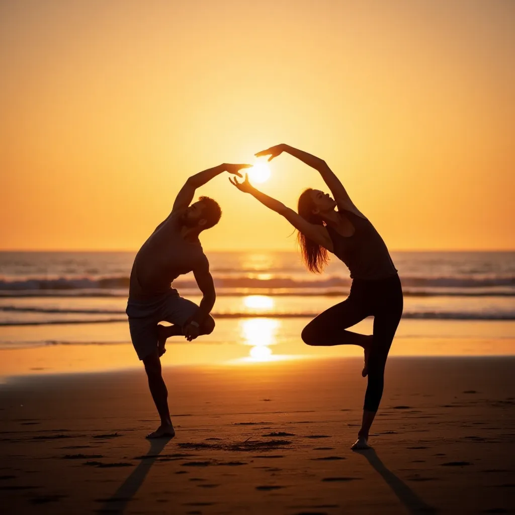 Couple practicing yoga at sunrise on Lyme Regis beach