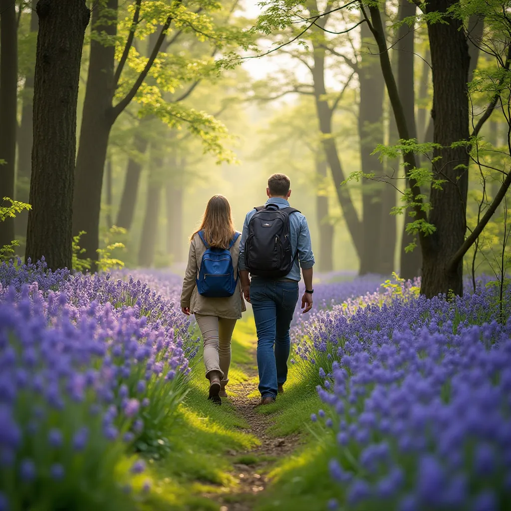 Couple walking through bluebells Langdon Hill
