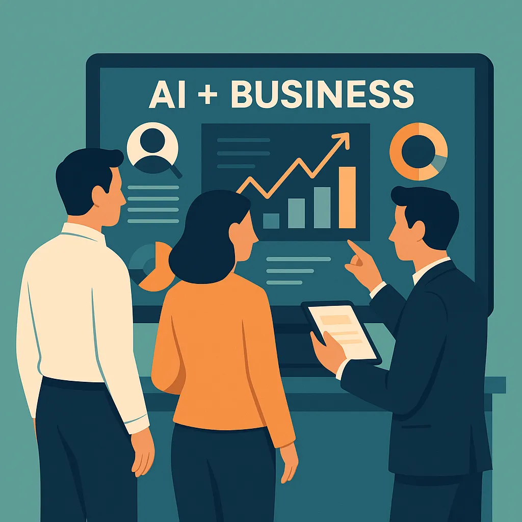 Flat-style digital illustration showing three professionals—an SME owner, a customer support agent, and a marketing manager—using AI-powered CRM tools, voice assistants, and data dashboards in a collaborative office environment.