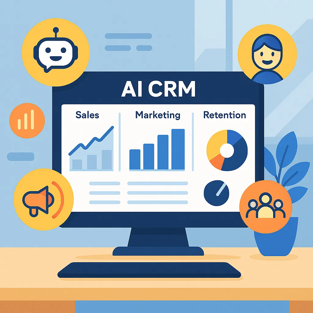 A flat-style digital illustration showing an AI-powered CRM dashboard with sales, marketing, and retention analytics, surrounded by icons for chatbot, voice assistant, and customer engagement metrics, in a modern office setting