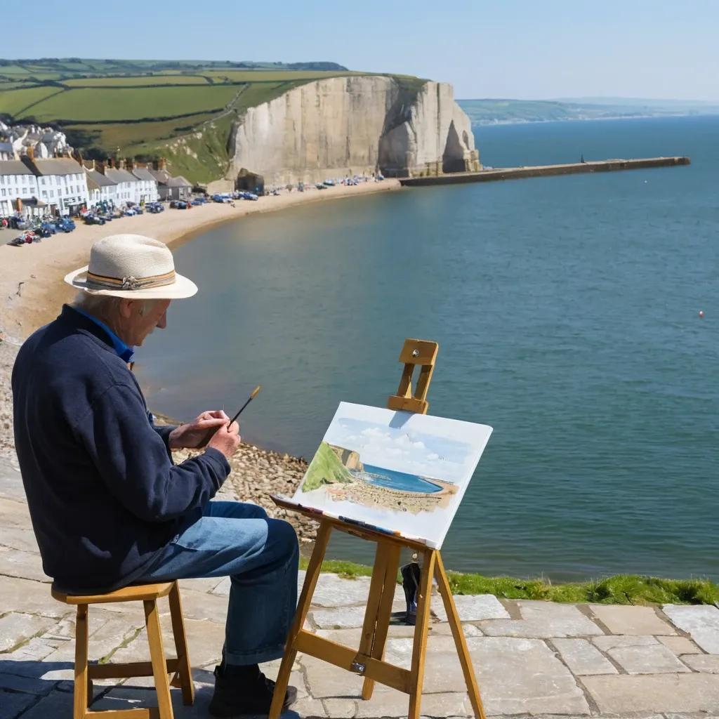 Artist sketching painting with sea shore cliffs in the background