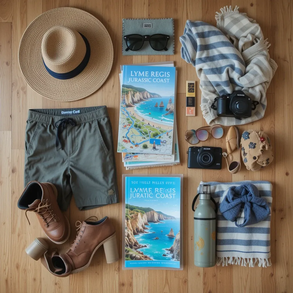 A neatly arranged flat lay of holiday essentials for a coastal getaway: lightweight shorts, walking boots, sunhat, sunglasses, map of the Jurassic Coast, camera, picnic blanket, book titled “Lyme Regis & Jurassic Coast”, a reusable water bottle, and a pair of binoculars—set against a wooden floor with soft natural lighting.
