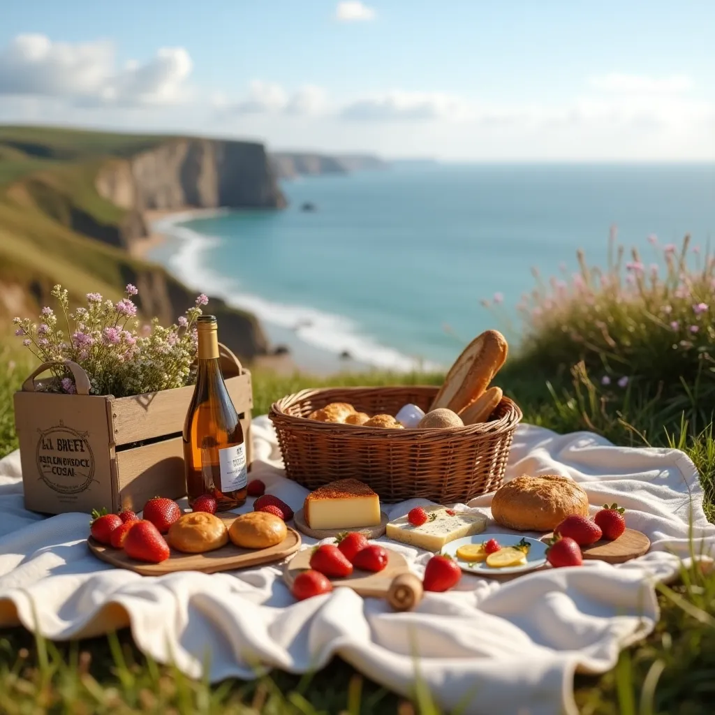 A scenic summer picnic overlooking the Jurassic Coast in Dorset, featuring a wicker basket filled with fresh bread and local produce, a crate of wildflowers and a bottle of local wine, artisan cheese, strawberries, and pastries laid out on a blanket—perfect for enjoying Dorset’s coastal views and flavours
