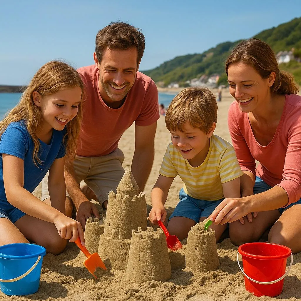 A family building a sandcastle on Sandy Beach, Lyme Regis, with colourful buckets and spades, clear blue skies, and the Cobb in the distant background — cheerful, sunlit, and natural depth of field.