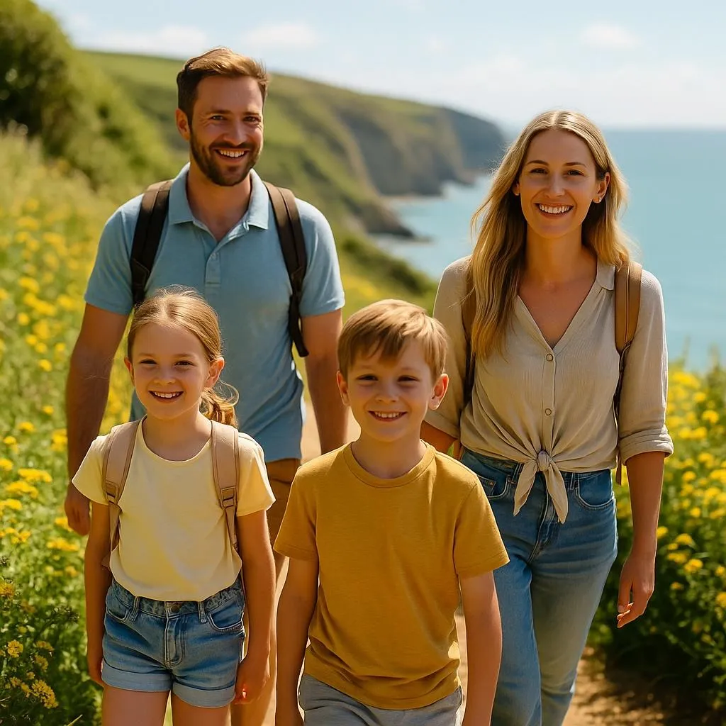 A smiling family of four walking along a sunlit coastal nature trail near Lyme Regis, with wildflowers in the foreground and the sea softly blurred in the background