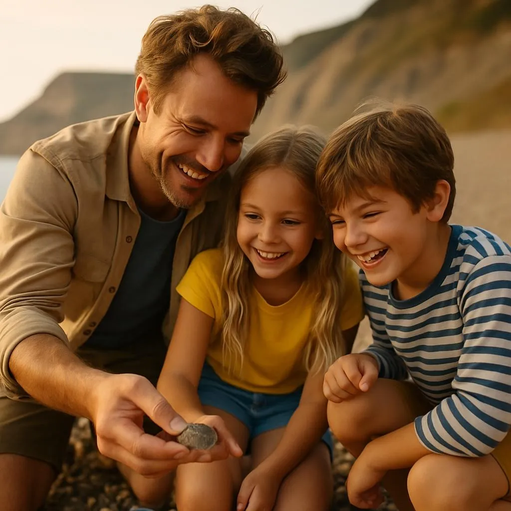 A smiling father with his young daughter and son exploring the beach in Lyme Regis, collecting shells and small fossils; the family is crouched happily on the sand with blurred cliffs and sea in the background, capturing a joyful beachcombing moment.