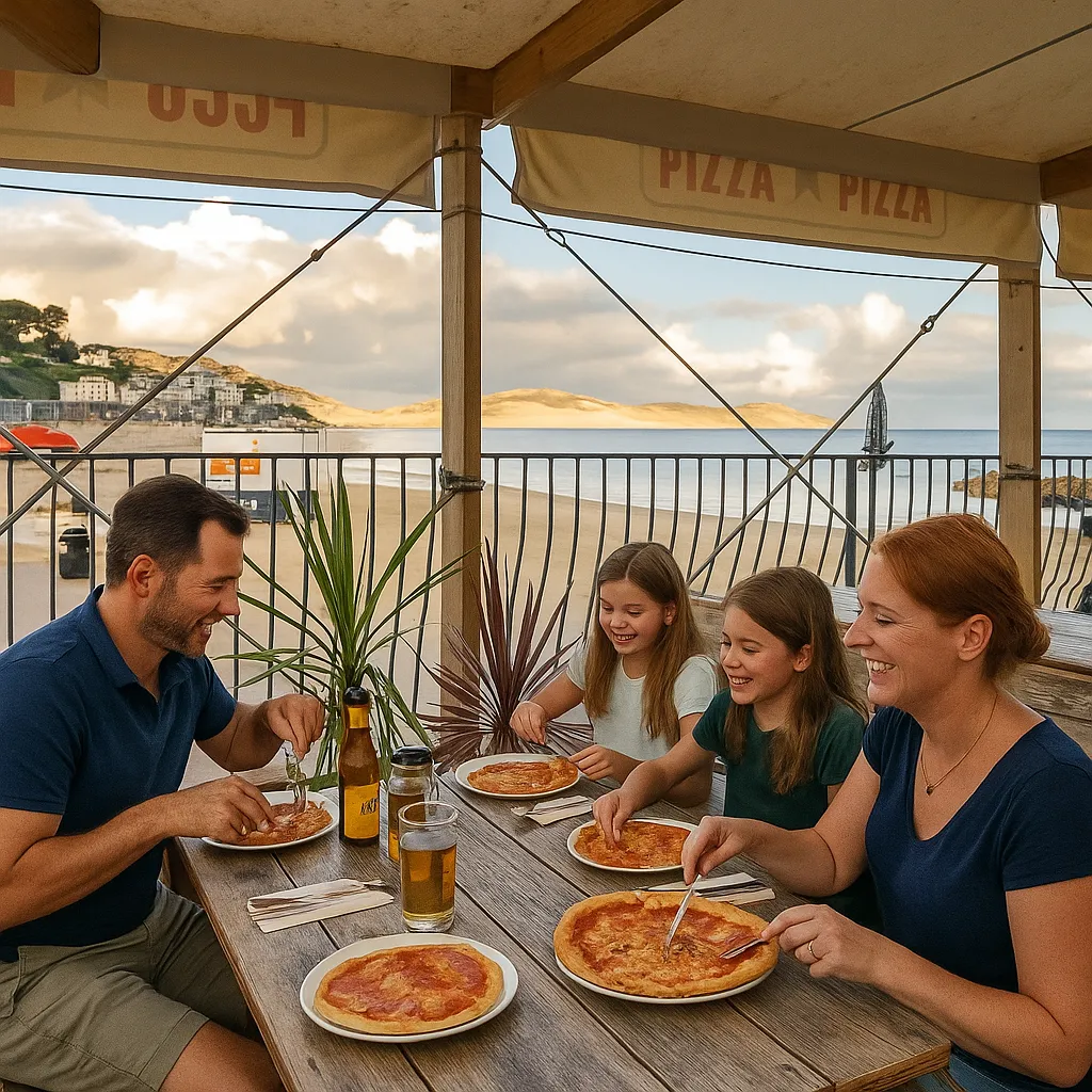 A family of four enjoys wood-fired pizza at Poco Pizza in Lyme Regis, seated on the covered terrace with panoramic sea views of the Jurassic Coast in the background.
