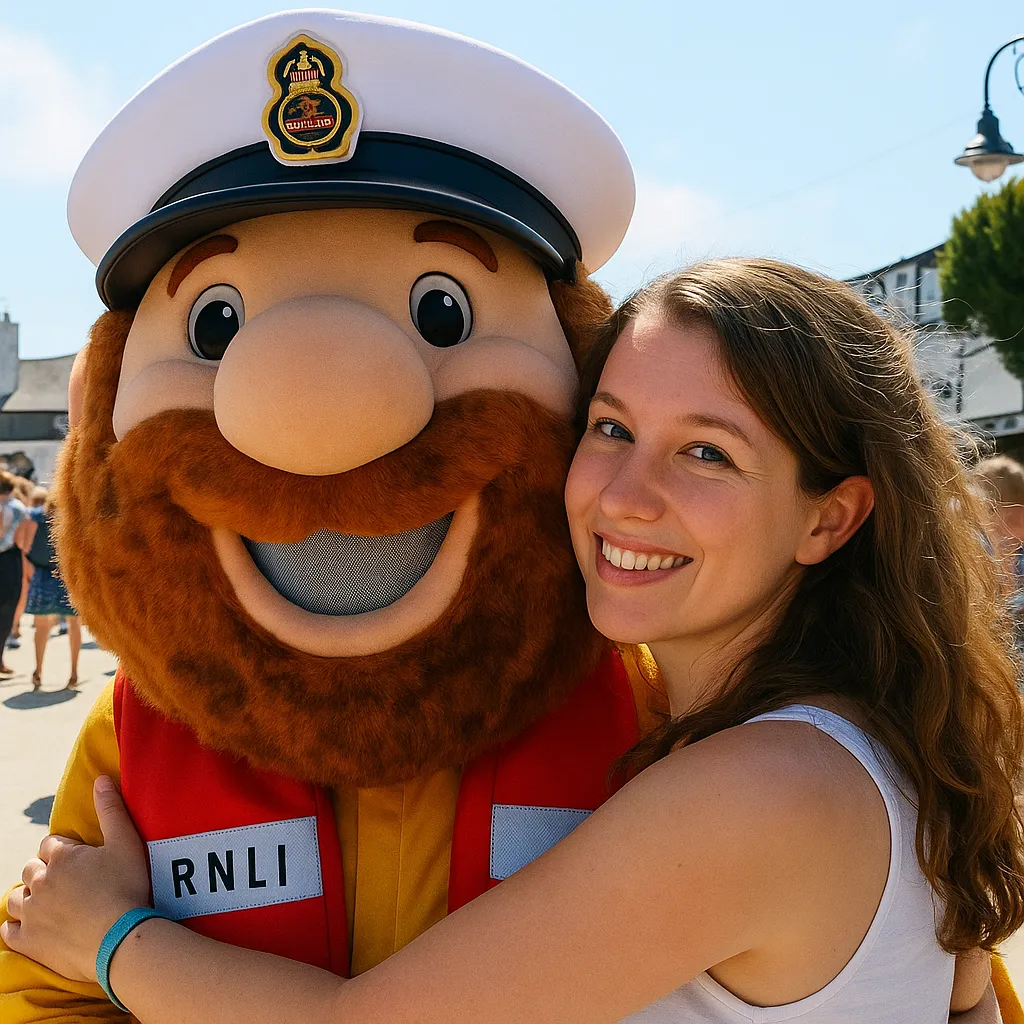 A cheerful young woman hugging a large RNLI mascot with a bushy beard and captain’s hat during Lyme Regis Lifeboat Week, surrounded by a sunny crowd.