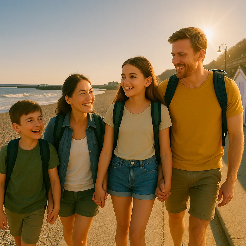 Family of four walking hand-in-hand along a pebble beach with colourful huts, bright blue sky, and warm sunlight, enjoying a Lyne Regis walk on holiday.