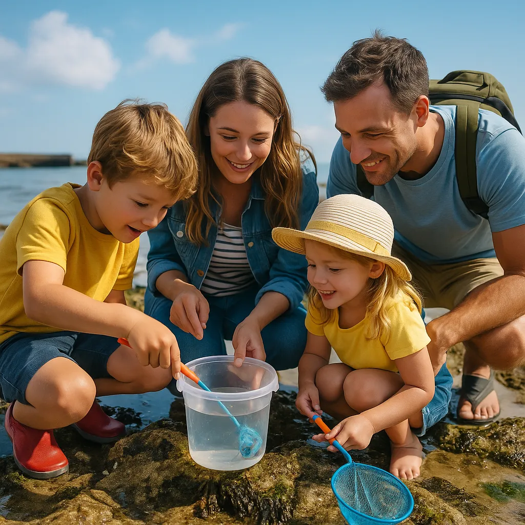 A photograph captures a family of four rockpooling at low tide on the Lyme Regis coast. Two children peer into shallow pools with nets and buckets, while their parents kneel nearby, pointing out sea creatures. The scene is bathed in warm sunlight with the iconic cliffs in the background and gentle waves lapping at the rocks