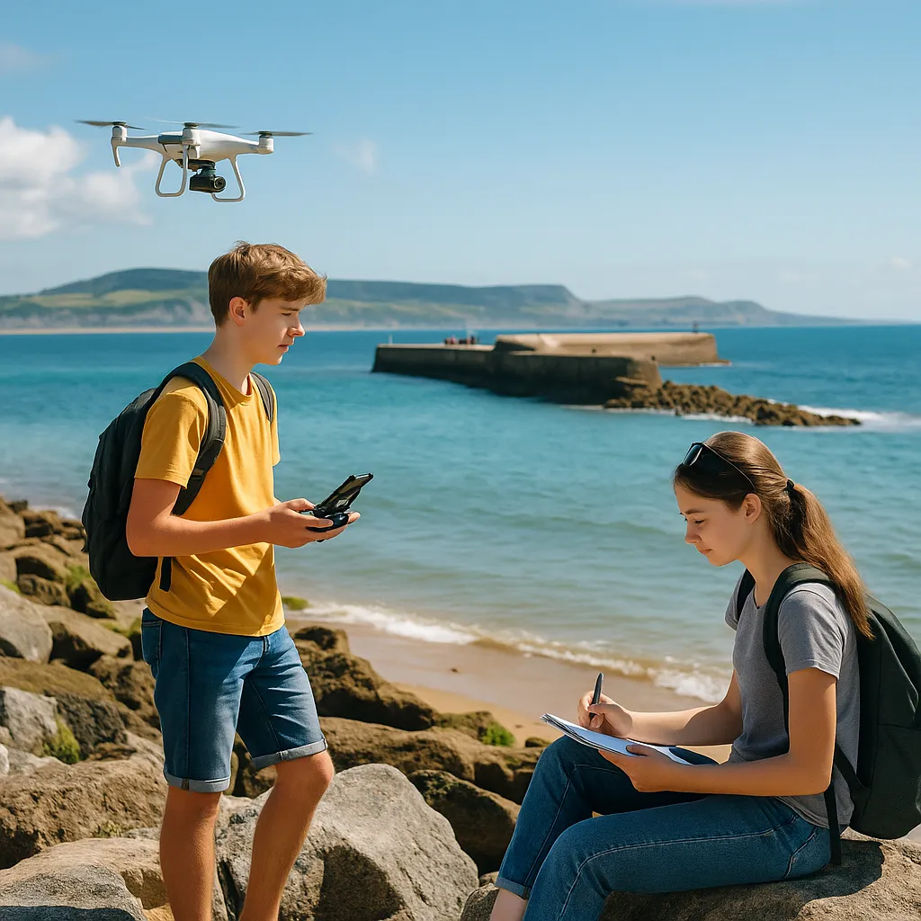 Two teenagers exploring a rocky shoreline in Lyme Regis, one taking photos with a smartphone while the other looks out to sea, capturing a sense of adventure and independence on a coastal holiday.