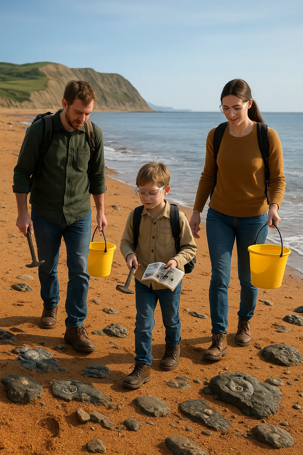 A realistic photograph of a family fossil hunting on the beach at Lyme Regis, Dorset. The family is carrying essential gear — small rucksacks, fossil hammers, protective goggles, sturdy boots, buckets, and guidebooks. The Jurassic Coast cliffs are in the background with scattered fossils visible in the rocks. Natural daylight, coastal atmosphere, educational and adventurous tone.