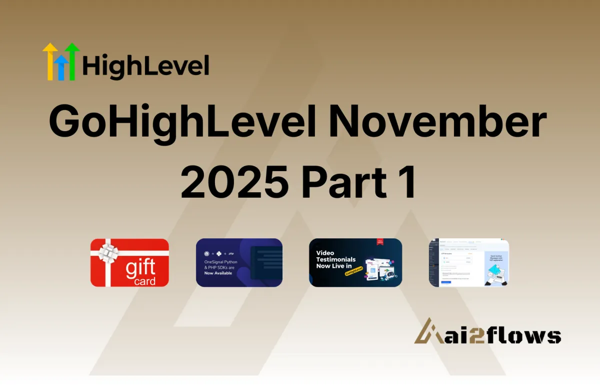 GoHighLevel November 2025 Part 1 updates featuring Gift Cards system, Video Testimonials, Python PHP SDKs and Trust Centre A2P revamp