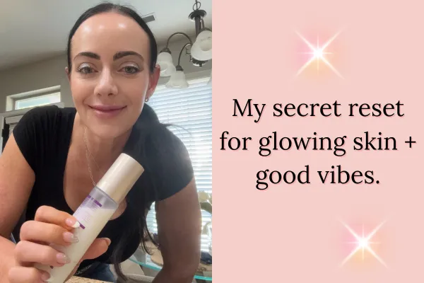 Woman smiling and holding OptiMIST facial mist bottle, promoting natural skincare benefits for hydrated, glowing skin and daily reset ritual.