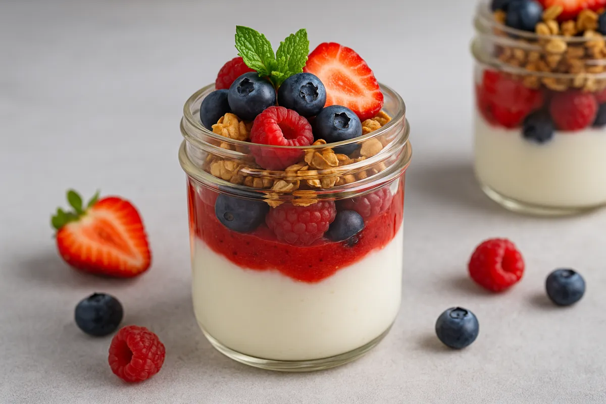 Summer berry protein parfait in a clear glass jar layered with creamy vanilla protein, fresh strawberries, blueberries, and raspberries, topped with granola and mint, on a light gray background.