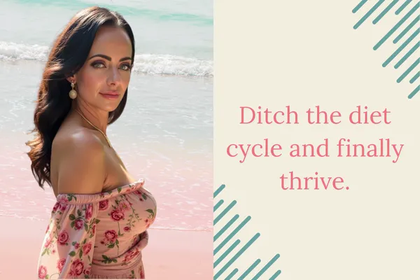 Jen Sells standing by the ocean in a floral off-shoulder dress with the text overlay “Ditch the diet cycle and finally thrive.” Body Reset blog cover image.