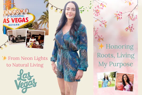 Blog cover image featuring Jen Sells standing in a teal patterned romper, with Las Vegas neon sign and old family business photos on the left symbolizing electrical sign company roots, and floral background with text ‘Honoring Roots, Living My Purpose’ on the right representing her wellness side gig journey.