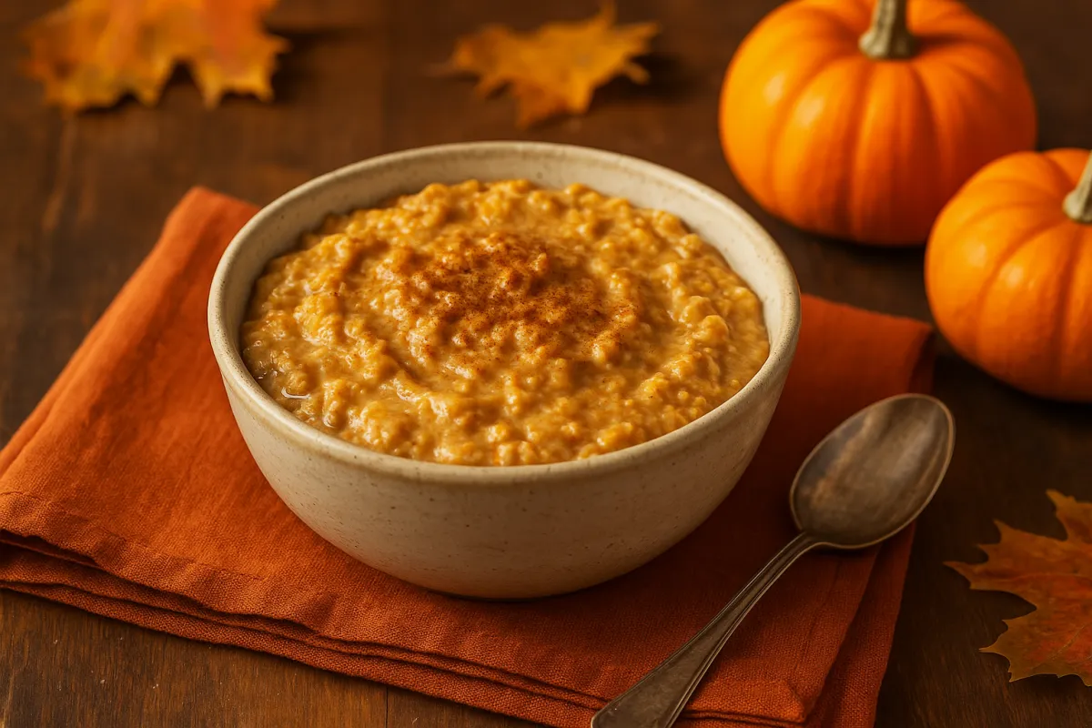 Bowl of creamy pumpkin spice protein oatmeal topped with cinnamon, set on an orange napkin with mini pumpkins and autumn leaves in the background.
