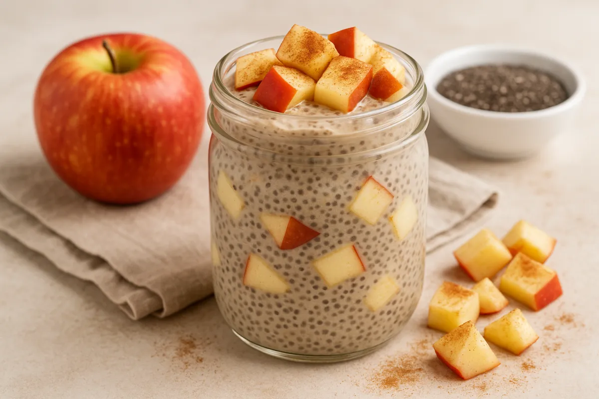 Jar of creamy cinnamon apple chia pudding topped with fresh apple cubes and sprinkled with cinnamon, surrounded by a whole apple, chia seeds, and diced apples on a neutral background.