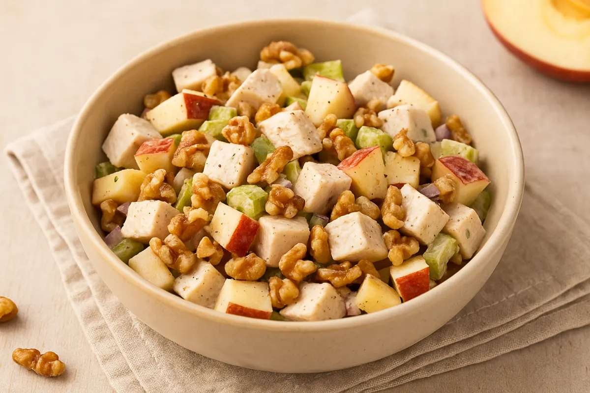 Apple-Walnut Chicken Salad made with diced chicken breast, crisp apple, chopped walnuts, celery, and red onion, served in a beige bowl on a neutral linen napkin.