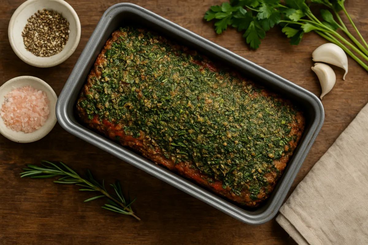 Herb-Crusted Bison Meatloaf in a loaf pan topped with fresh parsley, thyme, and rosemary, surrounded by garlic cloves, pink Himalayan salt, and cracked black pepper on a wooden surface.