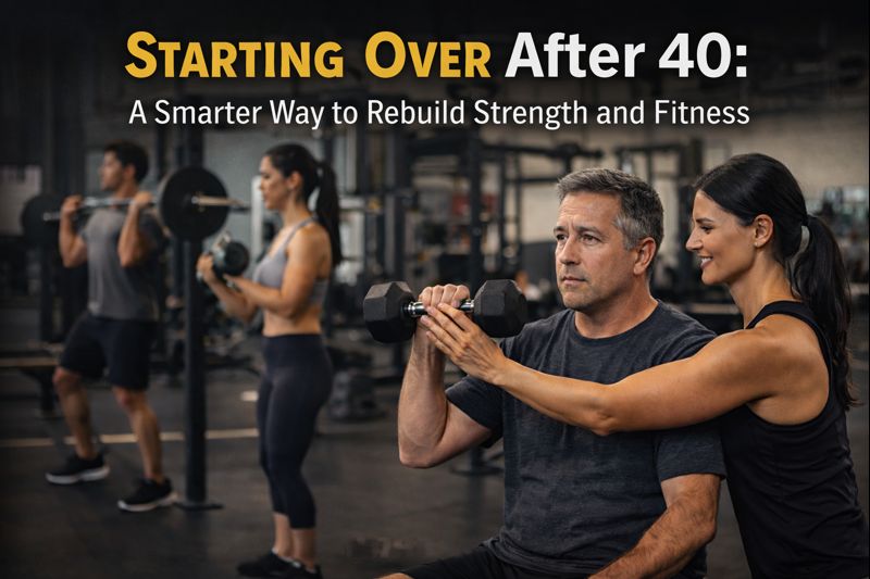 Personal trainer coaching a man over 40 through strength training in a gym